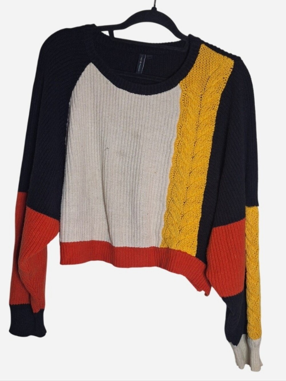 Moon and Madison Color Block Cropped Sweater Size L Dolman Long Sleeve Crew Neck